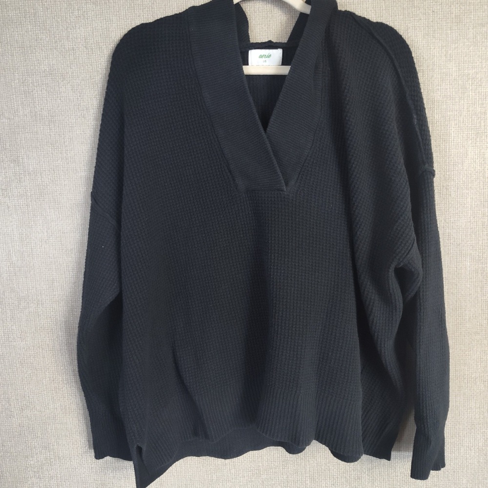 Aerie Waffle Knit Hoodie Sweater Black Oversized V-Neck Pullover Large
